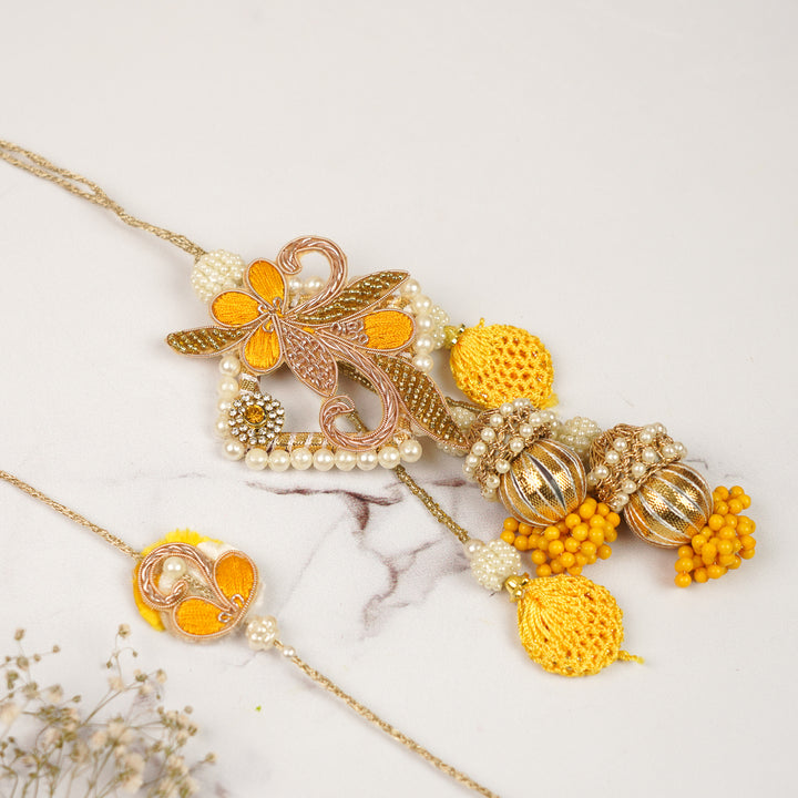 Handmade Zardozi Pearl & Stone Embellished Yellow Bhaiya Bhabhi Rakhi | Set Of 2