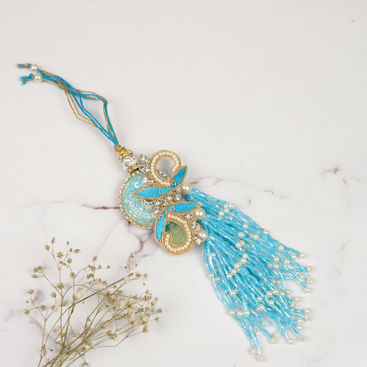 Handmade Zardozi Beads & Stone Embellished Blue Bhaiya Bhabhi Rakhi | Set Of 2