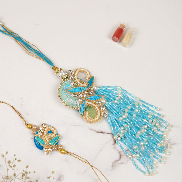 Handmade Zardozi Beads & Stone Embellished Blue Bhaiya Bhabhi Rakhi | Set Of 2