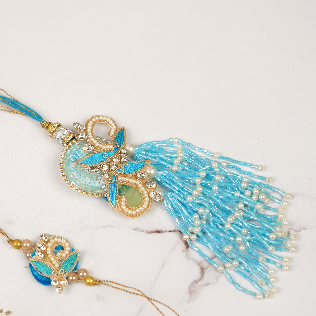 Handmade Zardozi Beads & Stone Embellished Blue Bhaiya Bhabhi Rakhi | Set Of 2