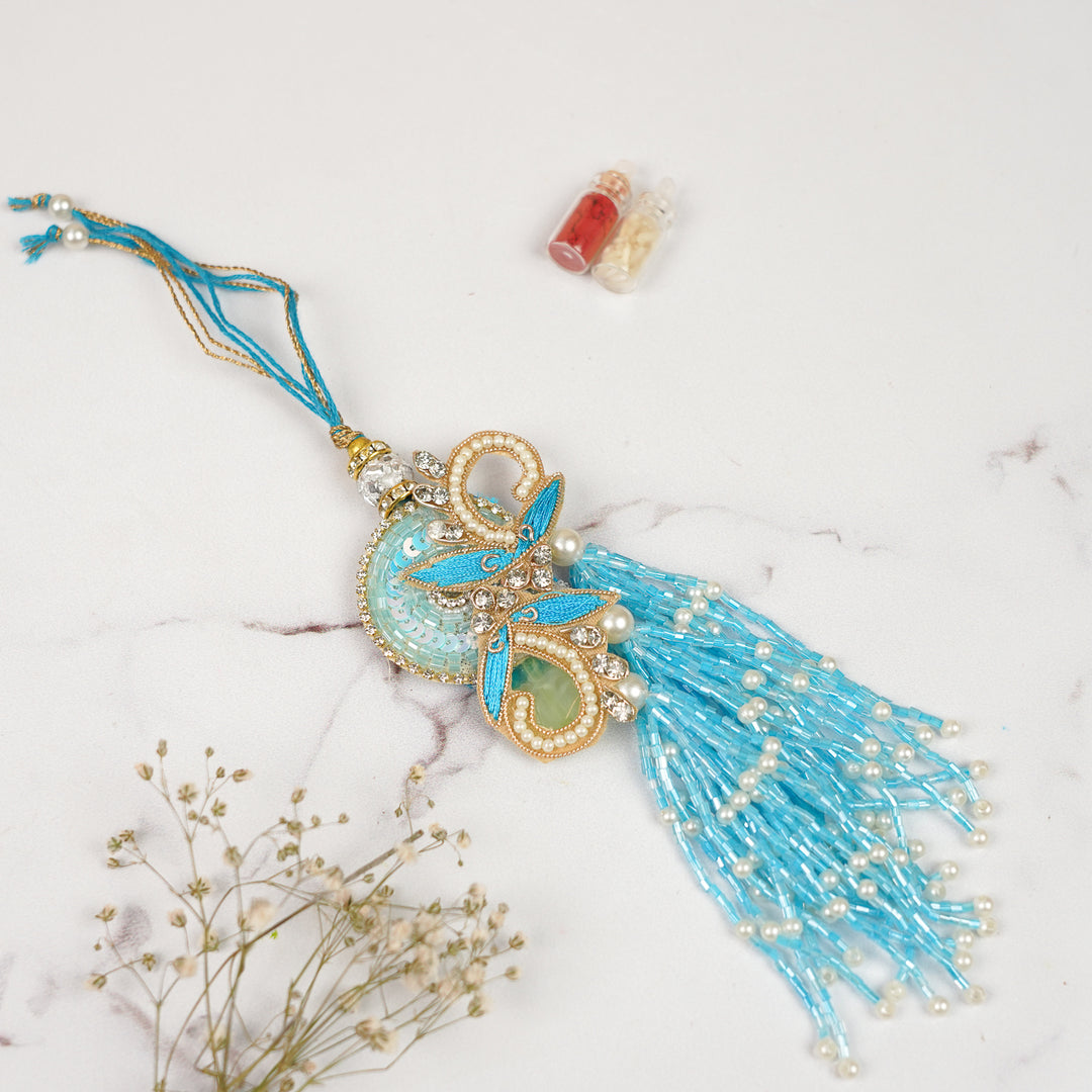 Handmade Zardozi Beads & Stone Embellished Blue Bhaiya Bhabhi Rakhi | Set Of 2