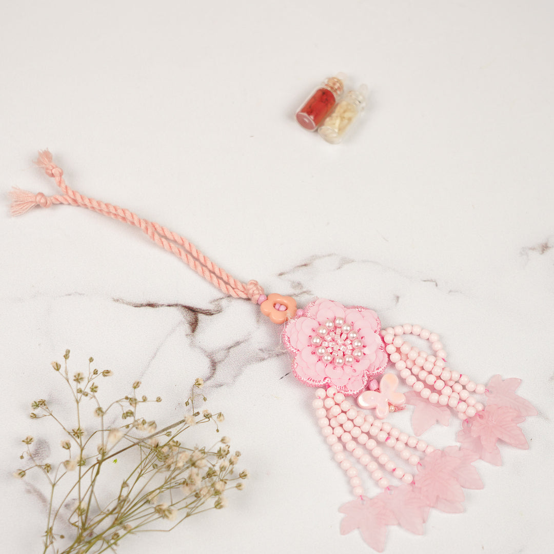Handmade Beaded Pearl Embellished Pink Kids Lumba Rakhi For Girls
