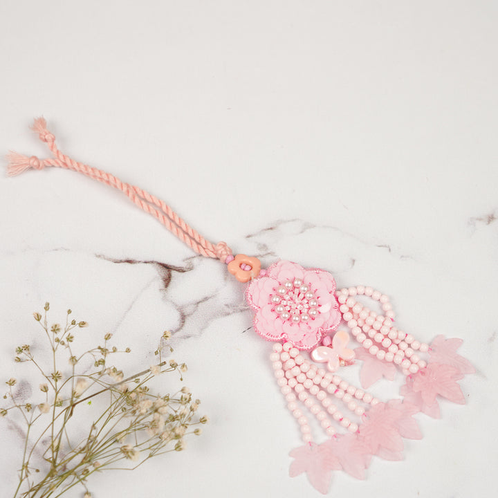 Handmade Beaded Pearl Embellished Pink Kids Lumba Rakhi For Girls