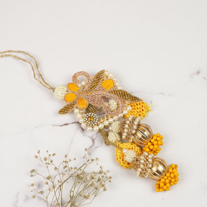 Handmade Zardozi Pearl & Stone Embellished Yellow Bhaiya Bhabhi Rakhi | Set Of 2