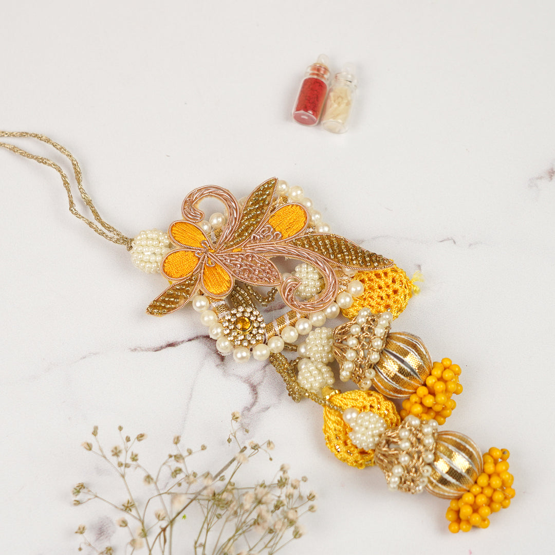Handmade Zardozi Pearl & Stone Embellished Yellow Bhaiya Bhabhi Rakhi | Set Of 2