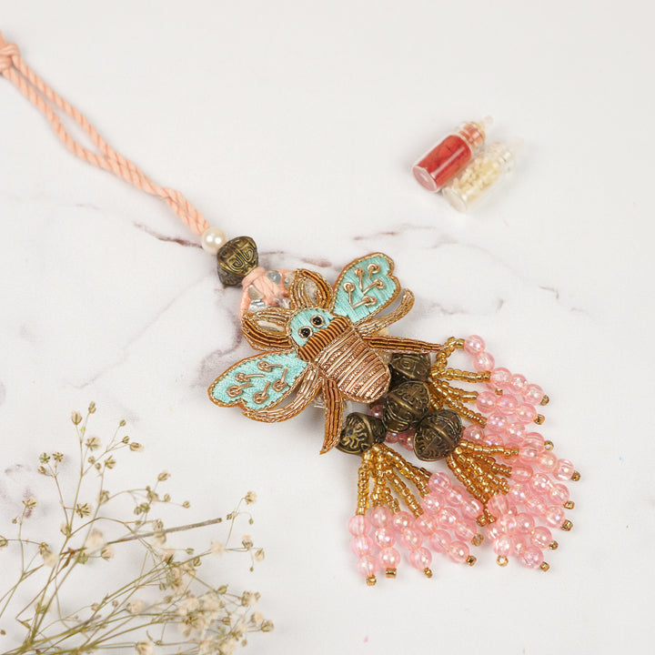 Handmade Zardozi Bee Theme Lumba Rakhi For Bhabhi