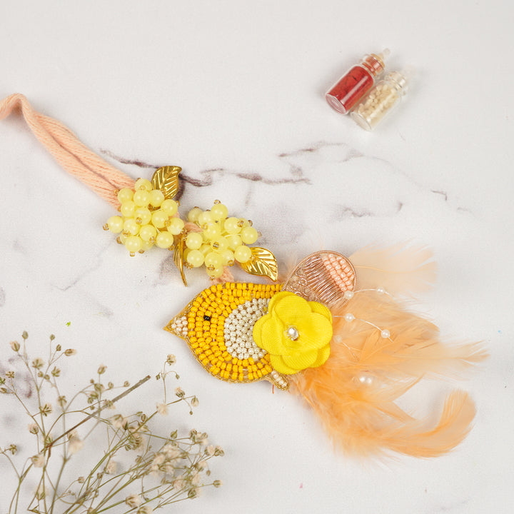 Handmade Beaded Floral Yellow Lumba Rakhi For Bhabhi