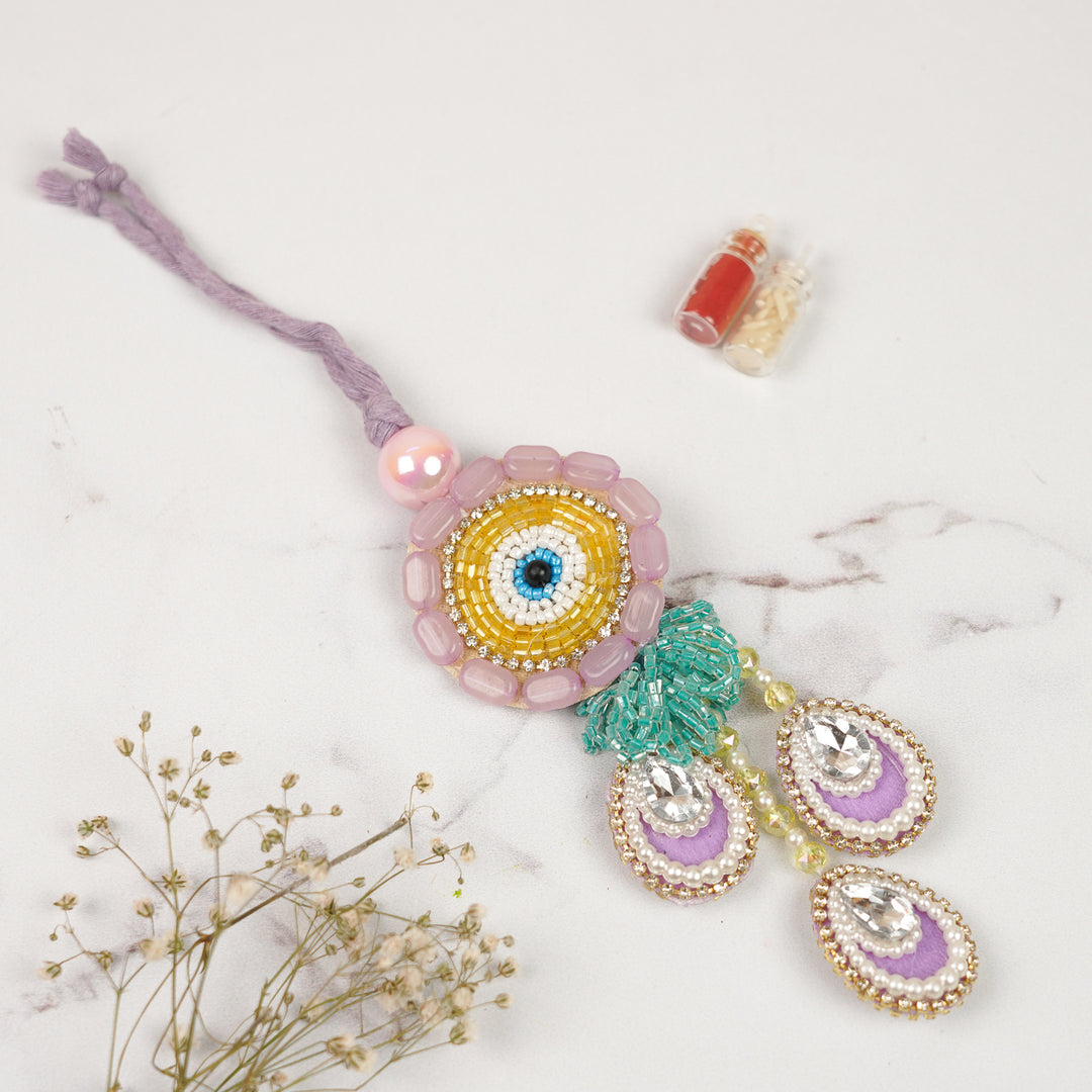 Handmade Beaded Multicolour Evil Eye Lumba Rakhi For Bhabhi