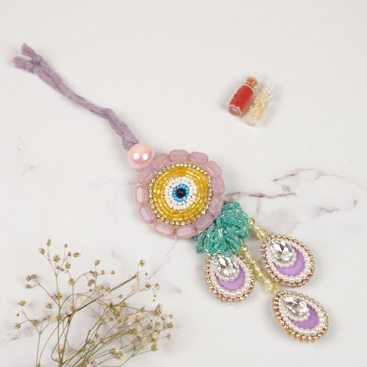 Handmade Beaded Multicolour Evil Eye Lumba Rakhi For Bhabhi