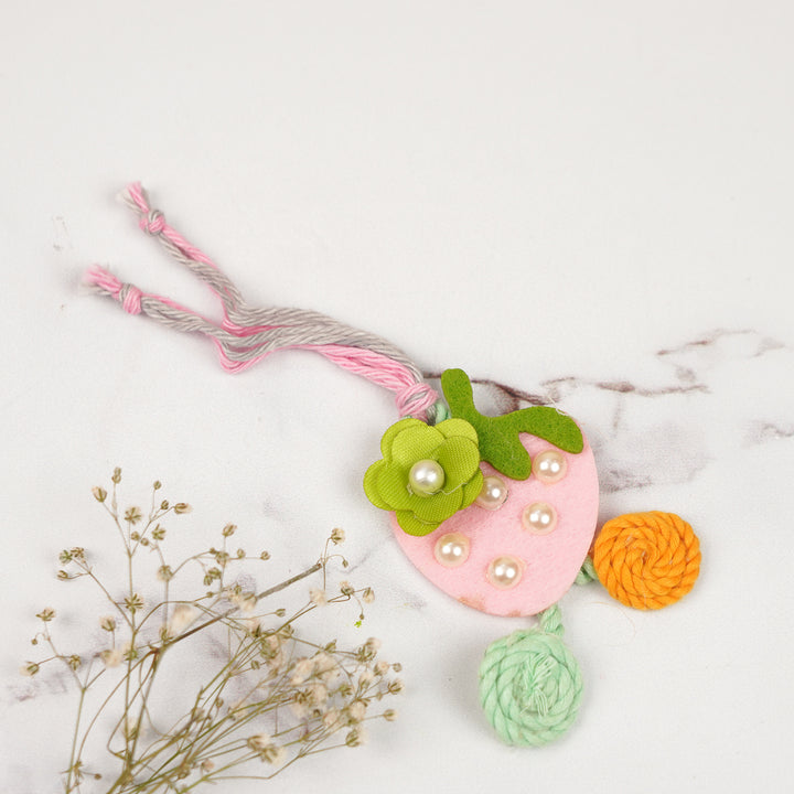 Handmade Strawberry Theme Felt Lumba Rakhi For Bhabhi