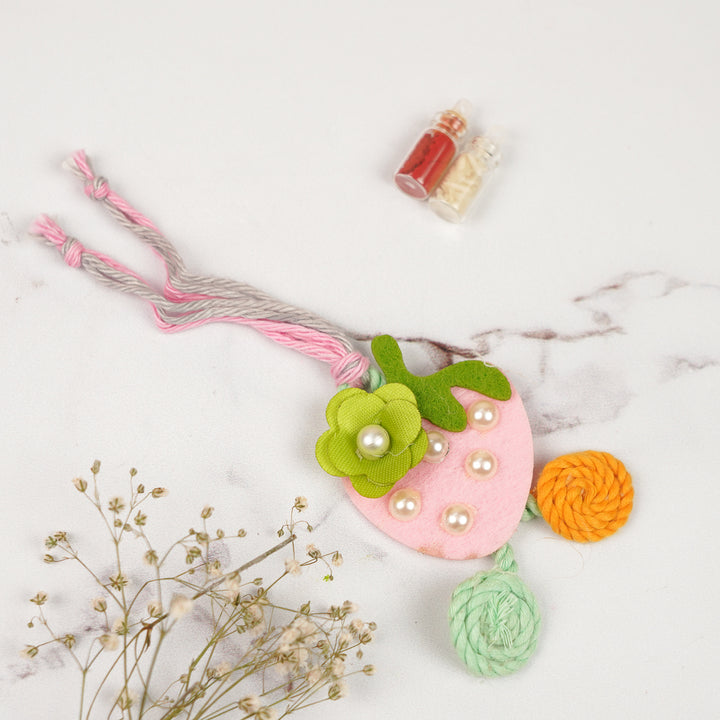 Handmade Strawberry Theme Felt Lumba Rakhi For Bhabhi