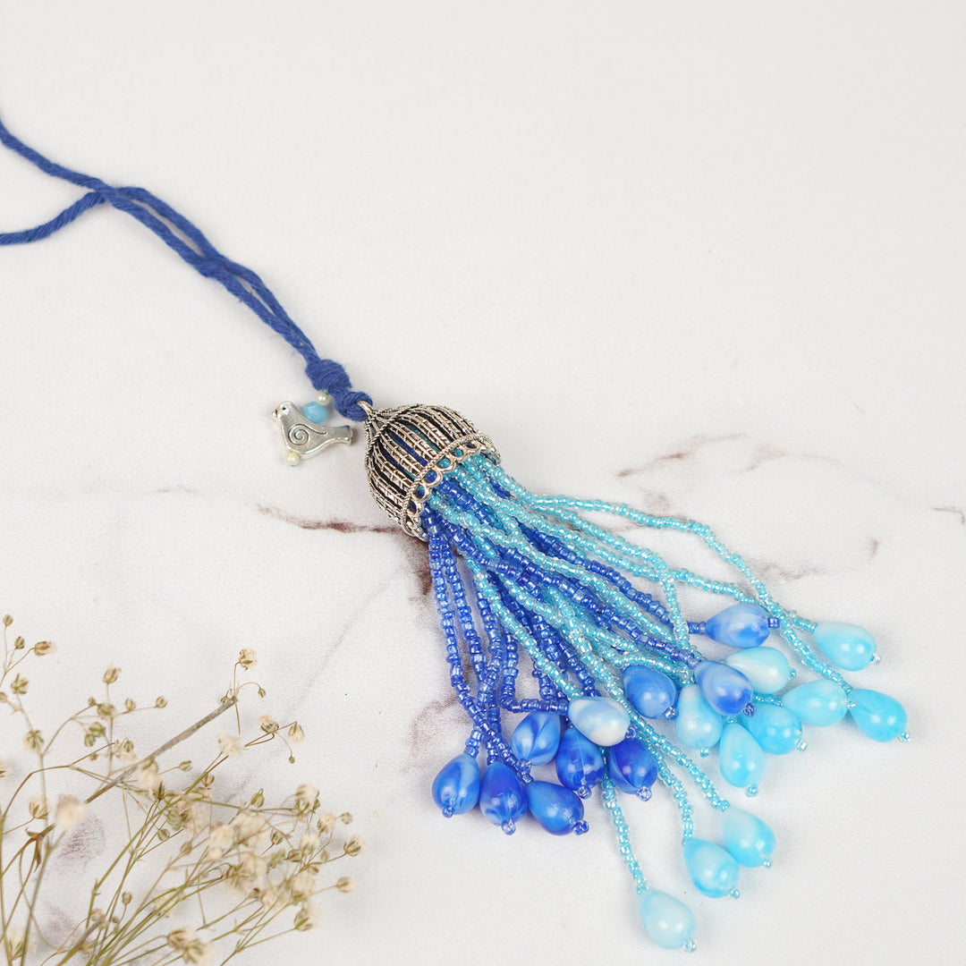 Handmade Bead Embellished Blue Lumba Rakhi For Bhabhi