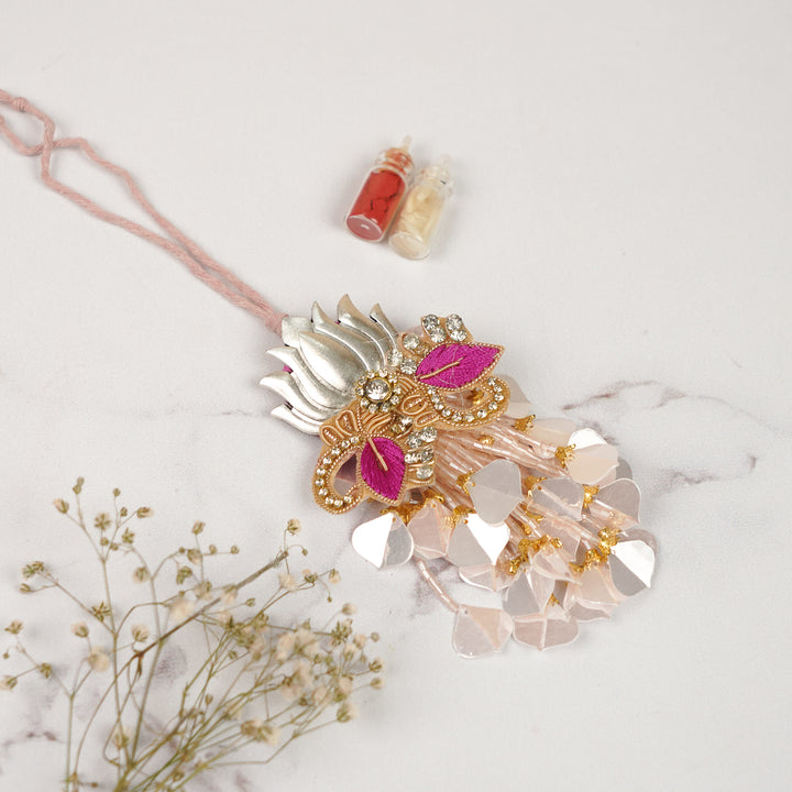 Handmade Zardozi Pink Lotus Theme Metal Lumba Rakhi For Bhabhi