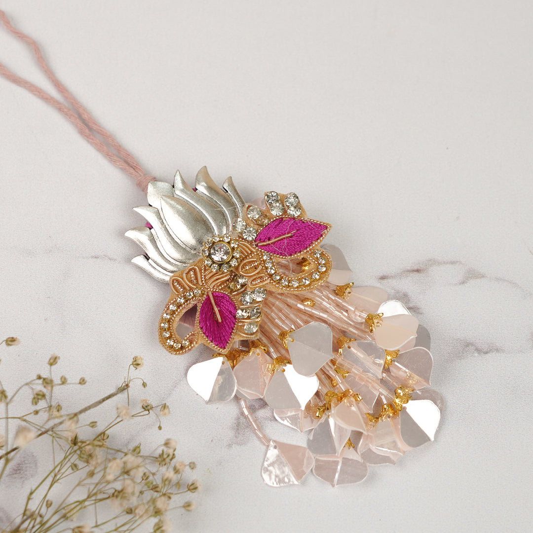 Handmade Zardozi Pink Lotus Theme Metal Lumba Rakhi For Bhabhi
