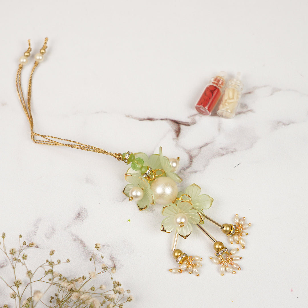 Handmade Beaded Pearl & Stone Embellished Floral Lumba Rakhi For Bhabhi