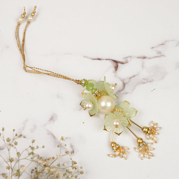 Handmade Beaded Pearl & Stone Embellished Floral Lumba Rakhi For Bhabhi