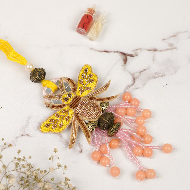 Handmade Zardozi Bee Theme Lumba Rakhi For Bhabhi