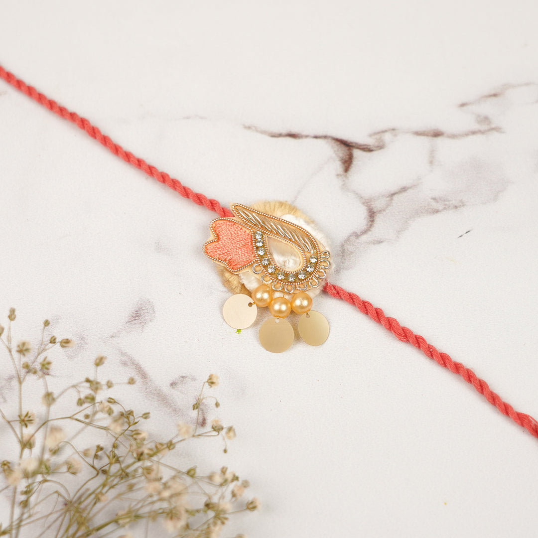 Handmade Zardozi Beaded Pink & Orange Rakhi For Brother