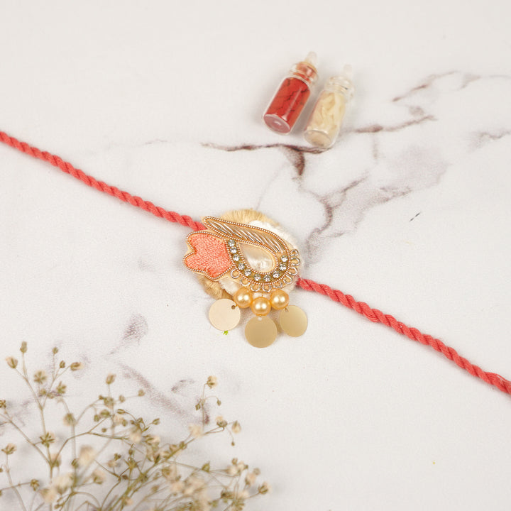 Handmade Zardozi Beaded Pink & Orange Rakhi For Brother