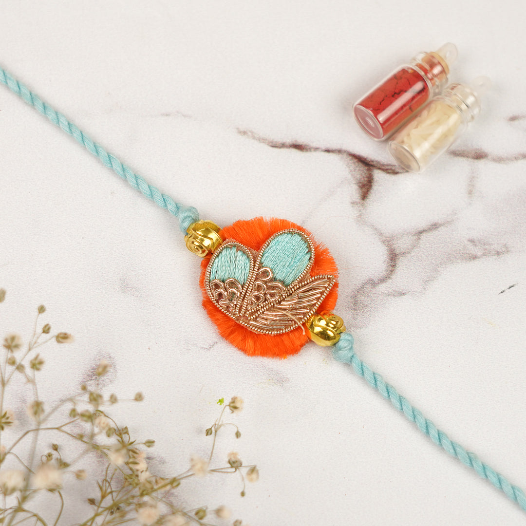 Handmade Zardozi Blue & Orange Rakhi For Brother
