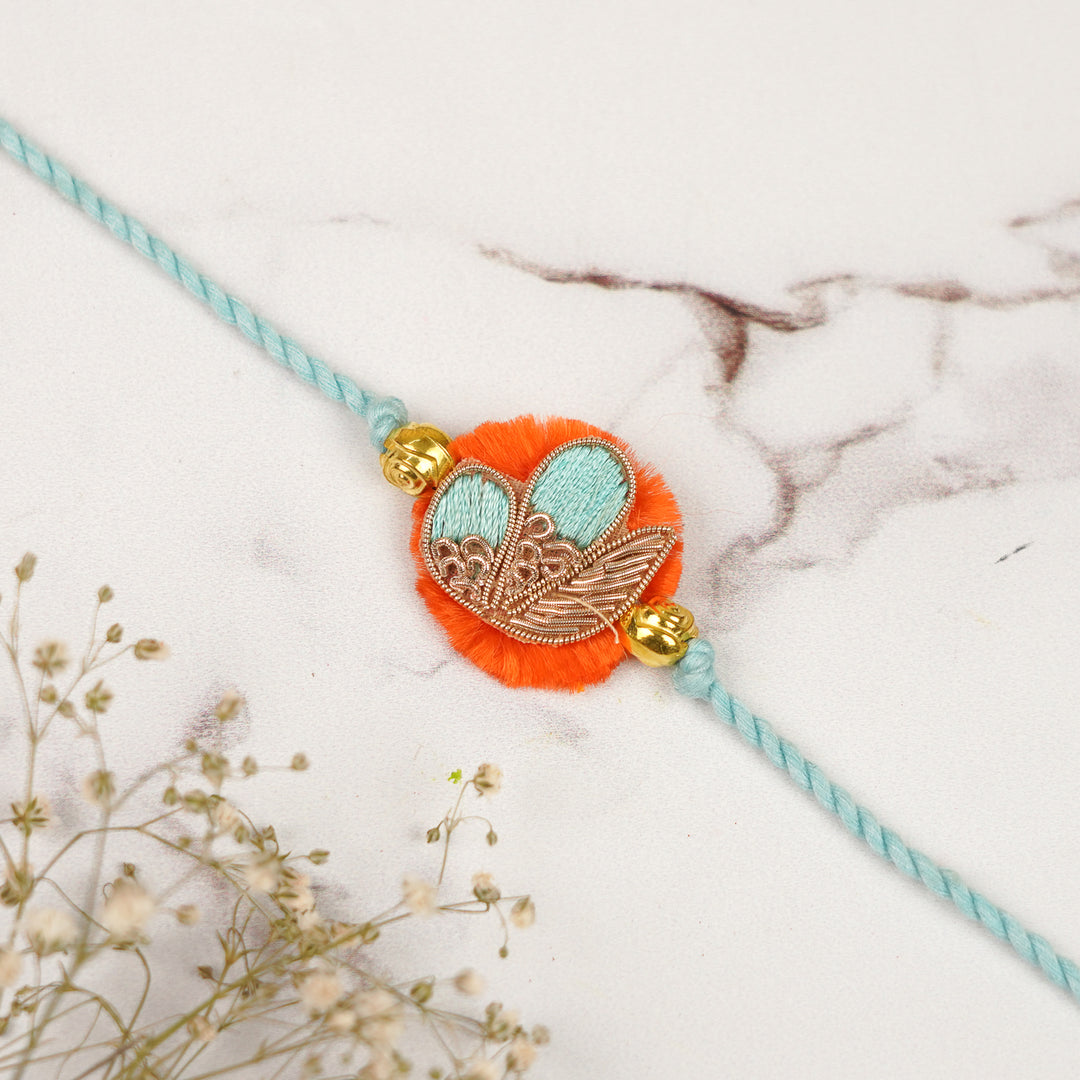 Handmade Zardozi Blue & Orange Rakhi For Brother