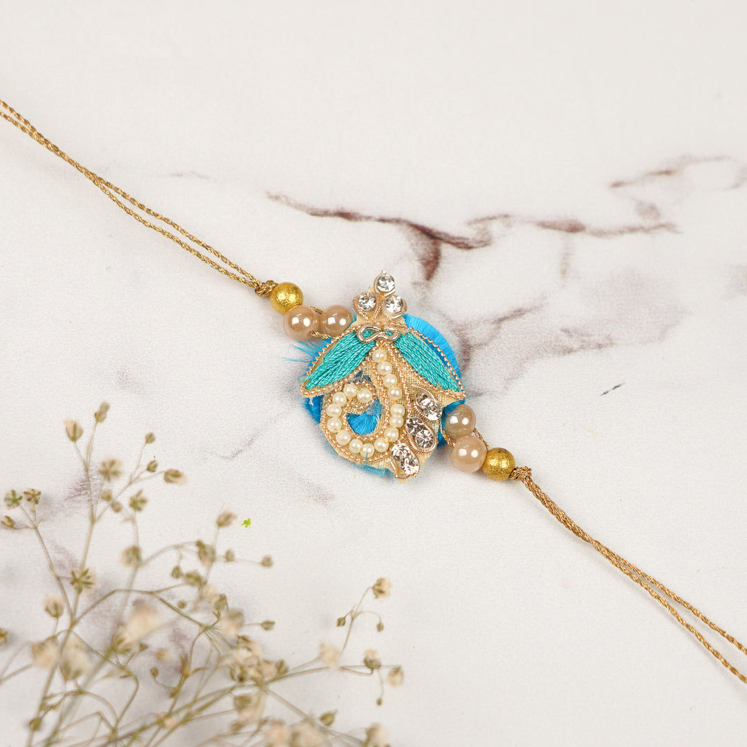 Handmade Zardozi Beads & Stone Embellished Blue Bhaiya Bhabhi Rakhi | Set Of 2