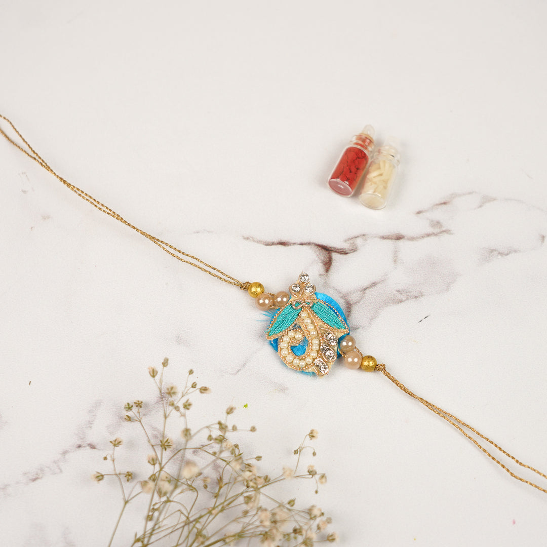 Handmade Zardozi Beads & Stone Embellished Blue Bhaiya Bhabhi Rakhi | Set Of 2