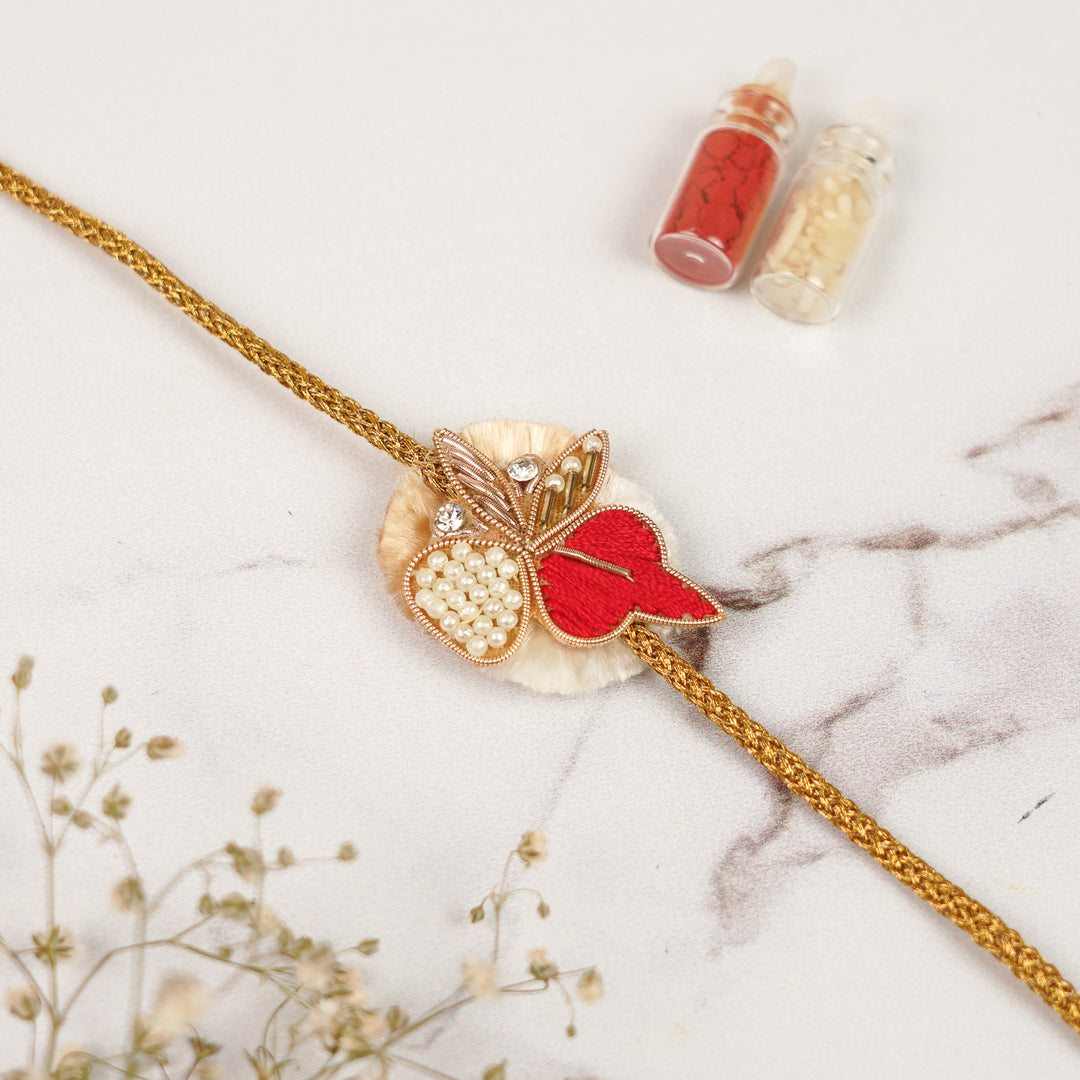 Handmade Zardozi Pearl & Stone Embellished Rakhi For Brother