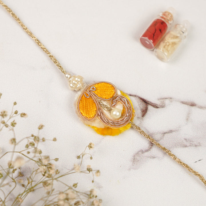Handmade Zardozi Pearl & Stone Embellished Yellow Bhaiya Bhabhi Rakhi | Set Of 2