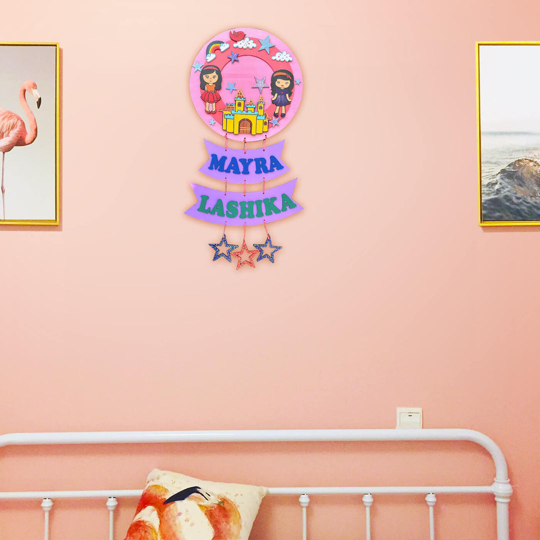 Hand Painted Sibling Special Personalised Kids Name Plate 16 - Mounted on Pink Wall Above Bed