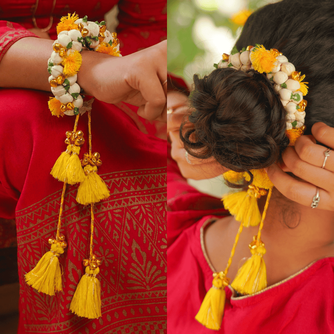 Handcrafted Shola & Ghungroo Tassel Lumba Rakhi for Bhabhi - Yellow
