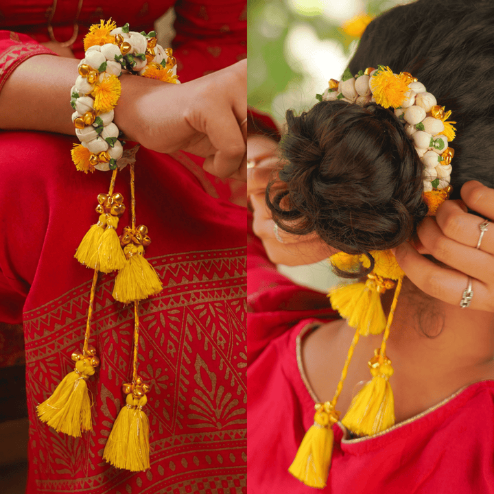 Handcrafted Shola & Ghungroo Tassel Lumba Rakhi for Bhabhi - Yellow