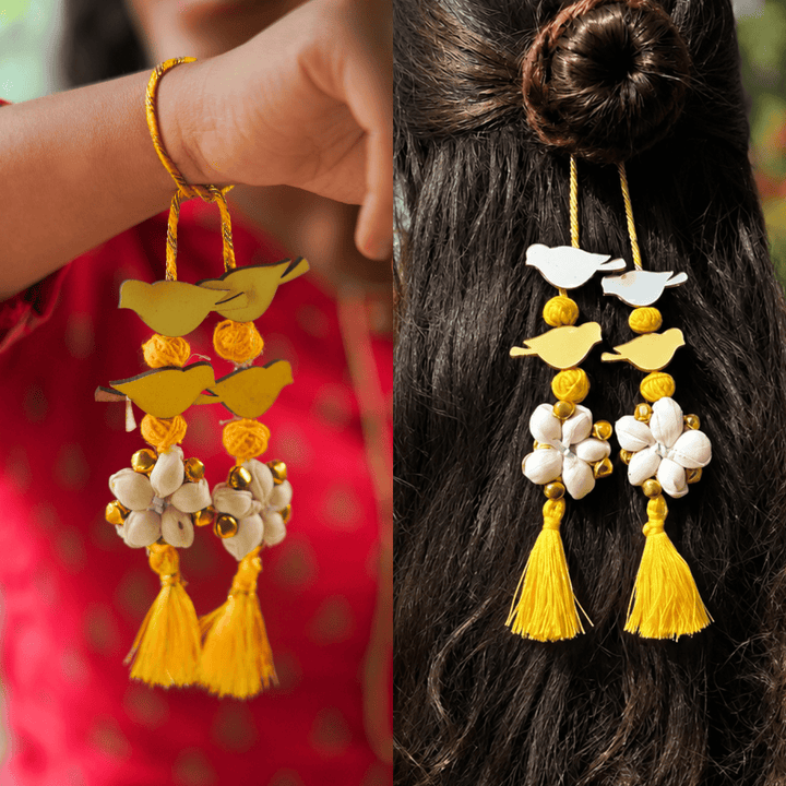 Handcrafted Bird Motif Shola Beaded Tassel Lumba Rakhi for Bhabhi - Yellow