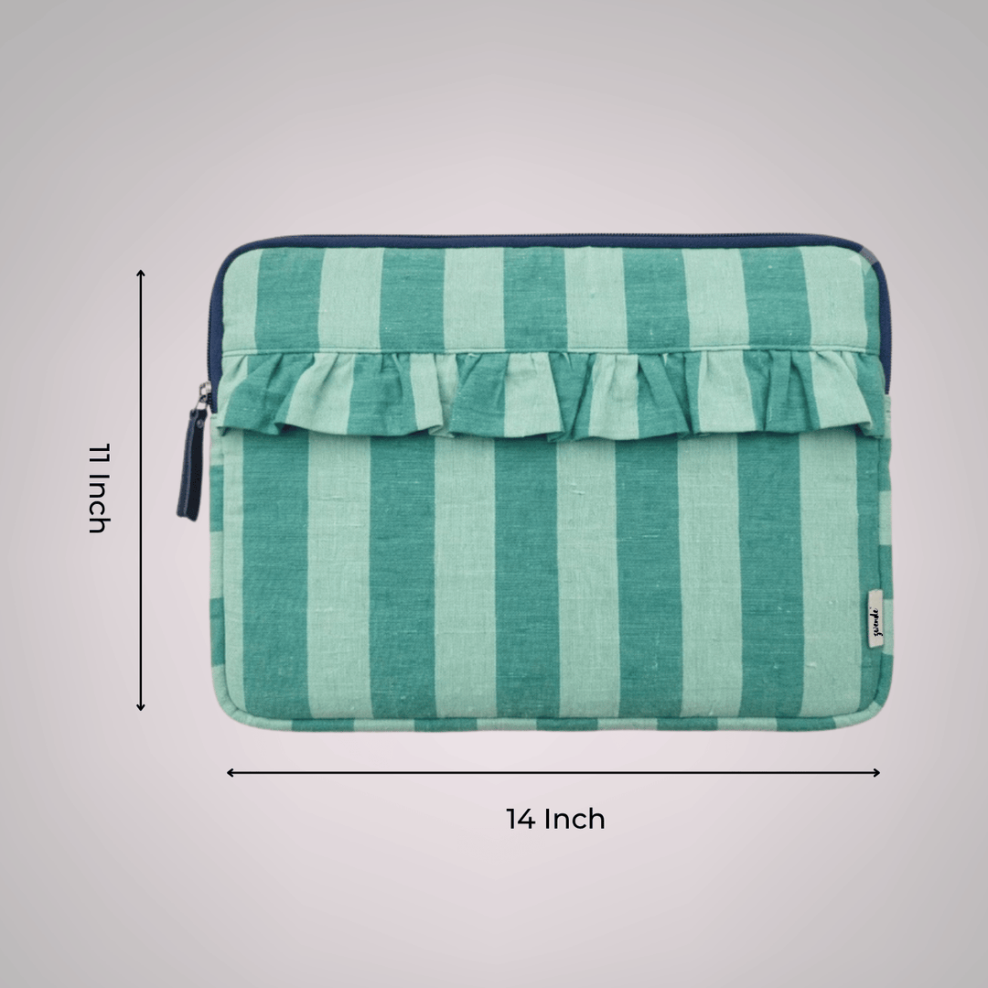 "Elenor" Ruffled Laptop Sleeve With Cushioned Padding For Women | Thin Stripes