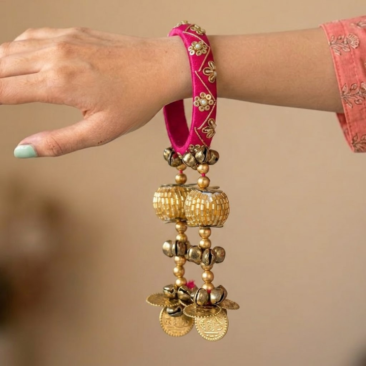 Handmade Beaded Pink Traditional Ghungroo & Sequin Cotton Bangle Lumba With Roli Chawal For Bhabhi