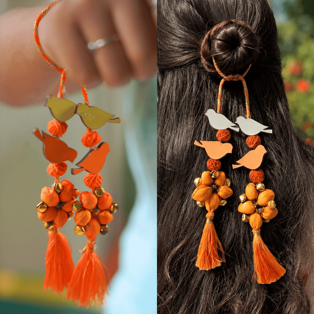 Handcrafted Bird Motif Shola Beaded Tassel Lumba Rakhi for Bhabhi - Orange
