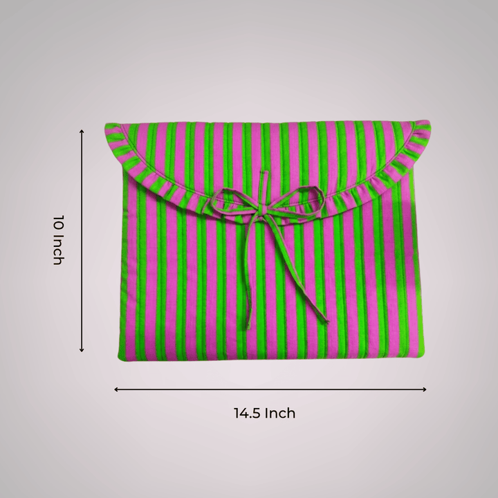 "Blaire" Laptop Sleeve With Ruffled Flap & Tie-up Closure For Women | Broad Stripes
