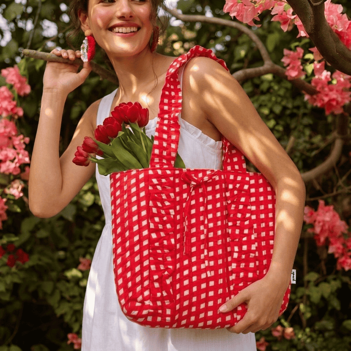 "Esmeralda" Ruffled Tote Bag With Vertical Ruffle Details For Women | Checks