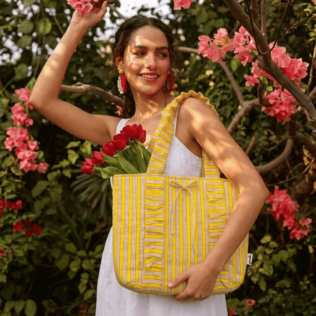 "Esmeralda" Ruffled Tote Bag With Vertical Ruffle Details For Women | Thin Stripes