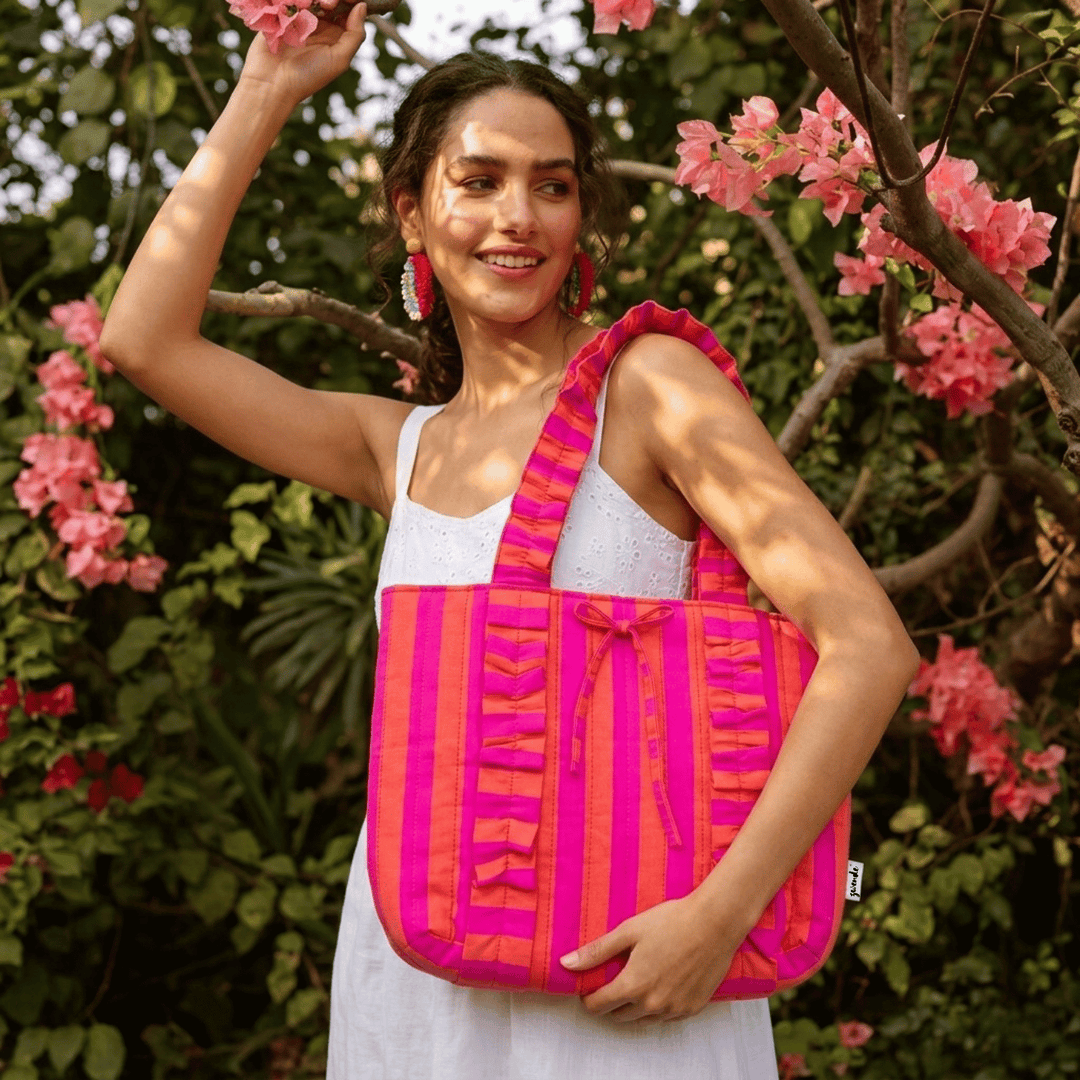 "Esmeralda" Ruffled Tote Bag With Vertical Ruffle Details For Women | Broad Stripes