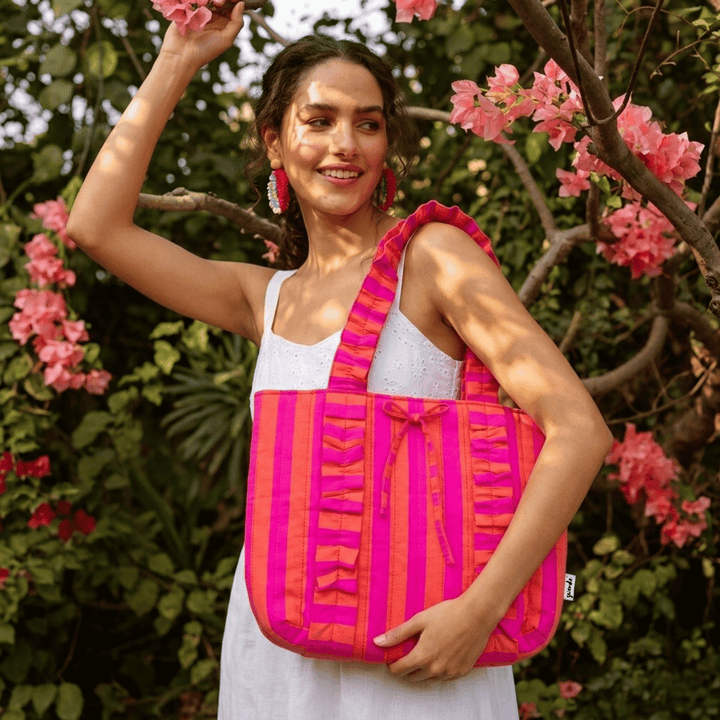 "Esmeralda" Ruffled Tote Bag With Vertical Ruffle Details For Women | Broad Stripes