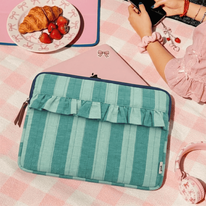"Elenor" Ruffled Laptop Sleeve With Cushioned Padding For Women | Broad Stripes