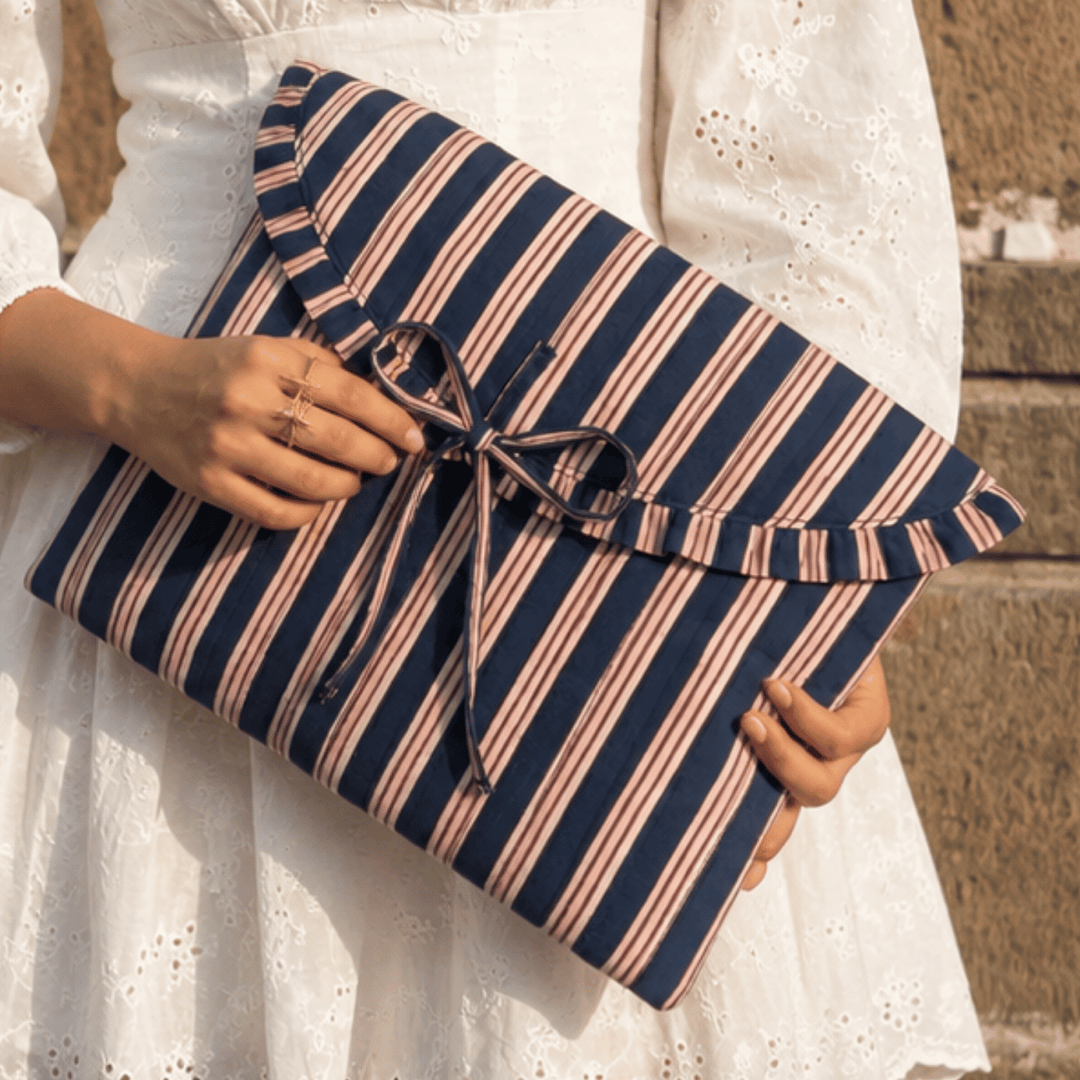 "Blaire" Laptop Sleeve With Ruffled Flap & Tie-up Closure For Women | Thin Stripes