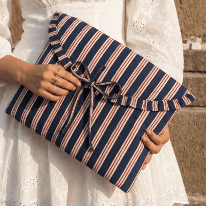 "Blaire" Laptop Sleeve With Ruffled Flap & Tie-up Closure For Women | Thin Stripes