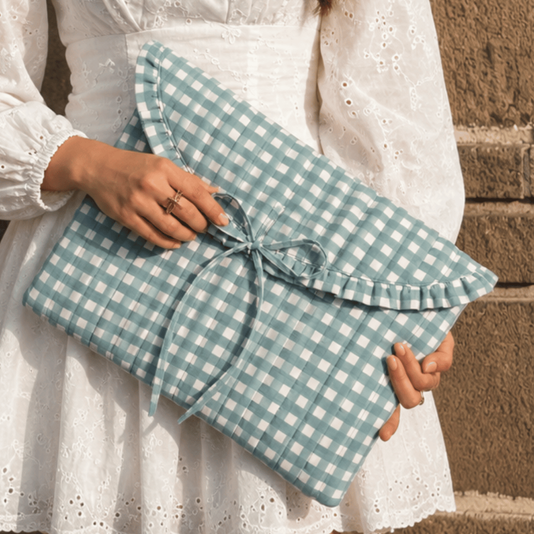 "Blaire" Laptop Sleeve With Ruffled Flap & Tie-up Closure For Women | Checks