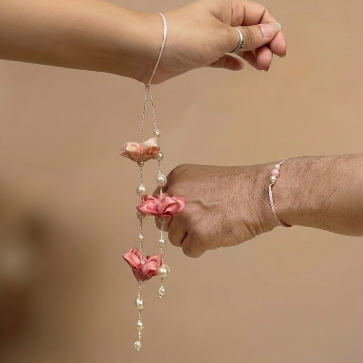 Handmade Madhu Mohini Flower Pearl Couple Rakhi Lumba Set With Roli Chawal For Bhaiya Bhabhi