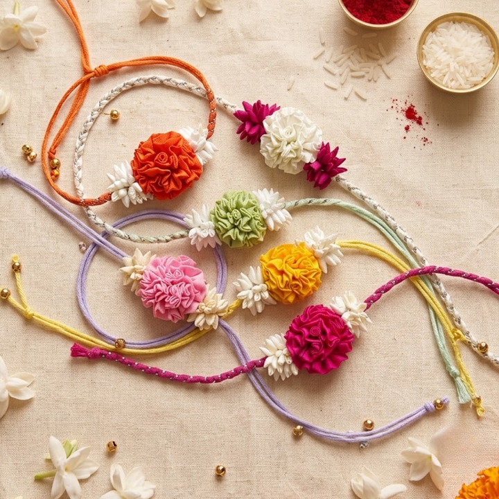 Handcrafted Rose & Mogra Bud Silk Fabric Floral Rakhi For Brother With Roli Chawal
