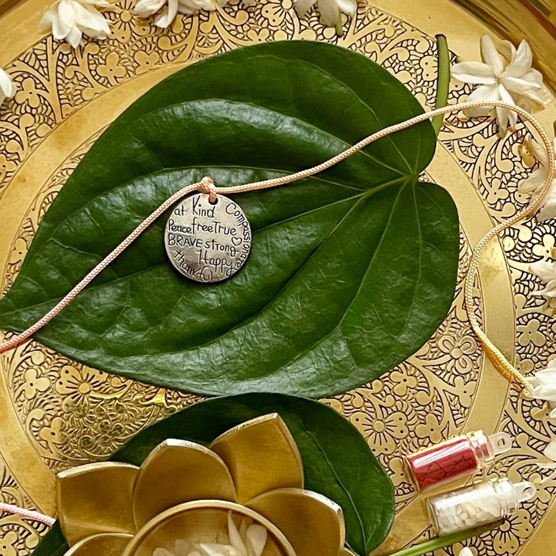 Engraved "Kind Brave Strong Happy" Quote Metal Charm Rakhi With Roli Chawal for Brother