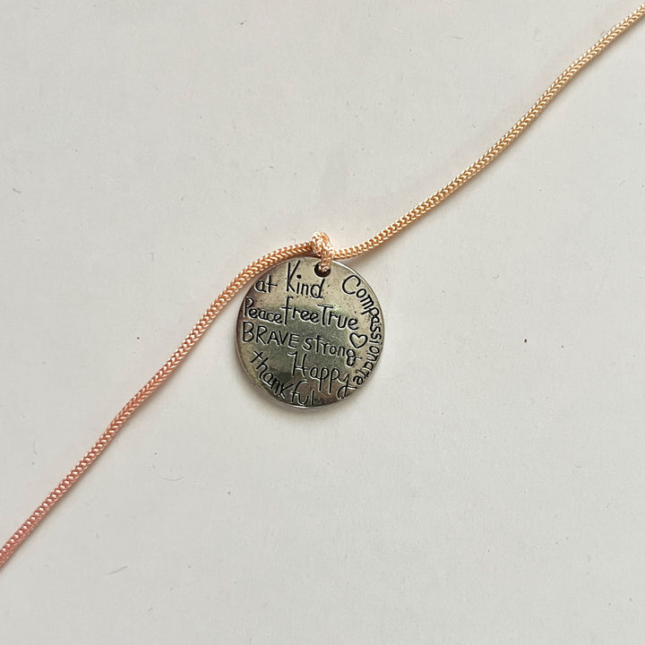 Engraved "Kind Brave Strong Happy" Quote Metal Charm Rakhi With Roli Chawal for Brother