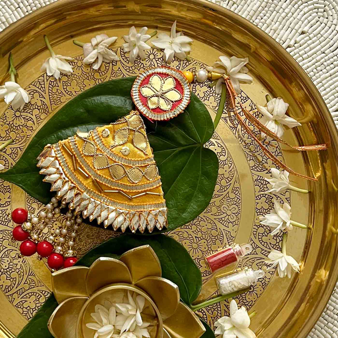 Handcrafted Gota Patti "Kiran" Lumba Rakhi With Roli Chawal for Bhabhi